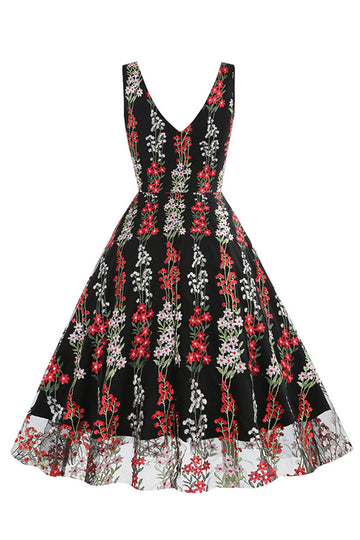 Black Swing 1950s Dress with Embroidery